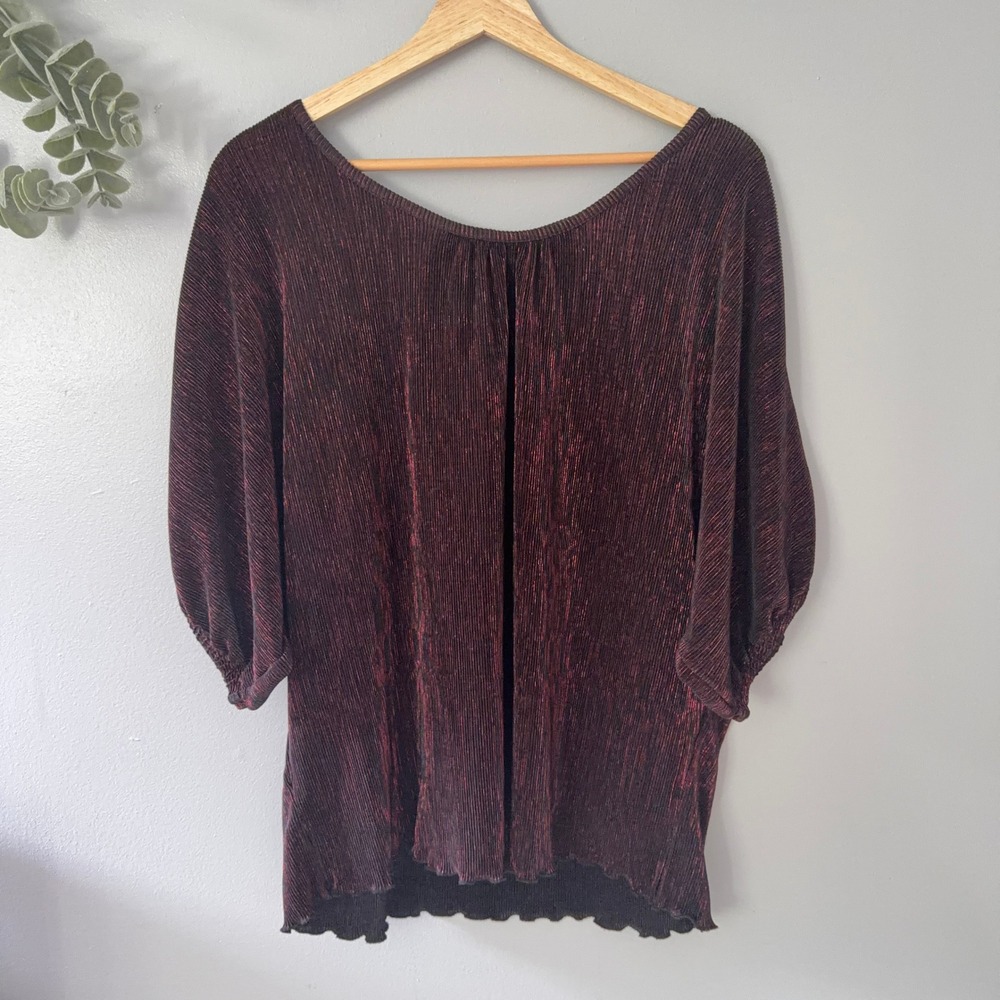 BonWorth Dolman Top Holiday Shimmer Party Gothic Black Red Metallic Pleated Sz M